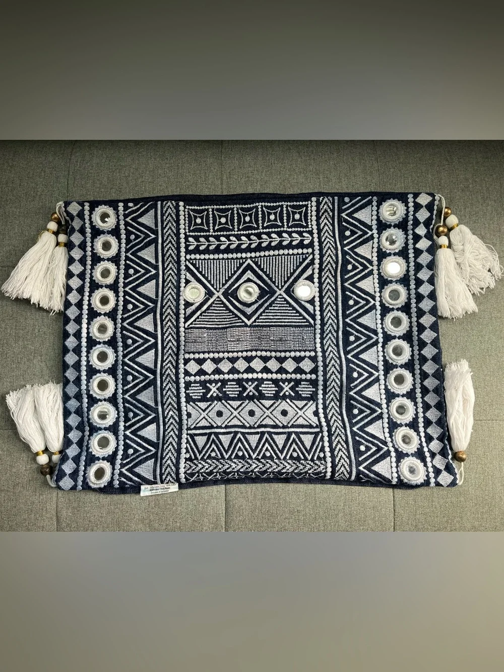Kim Seybert Navy & White Embroidered and Mirrors Tassel Pillow Cover 100% Cotton